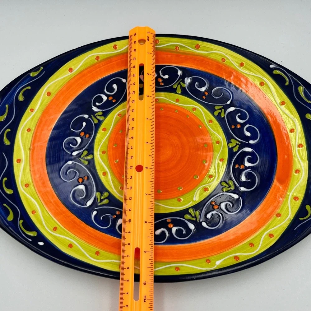 Pier 1 Imports Cypress Stripes Oval Platter Hand Painted Earthenware Spain 15x10